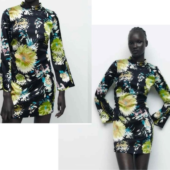 Zara Black satin floral flower print long sleeve high neck mini dress Sz S NWOT - Picture 13 of 13